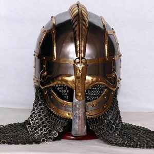 Viking Chinmail Helmet Vendal Mendulsaa SCA LARP steel and brass Helmet With Chainmail Hand forged Armor Helmet