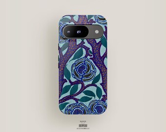 Indigo Floral Phone Case Boho | Pixel 9 Case, Pixel 8 Pro XL Case, Pixel 7 Case, Pixel 6, Pixel 5| Abstract Botanical Pattern Aesthetic Cute
