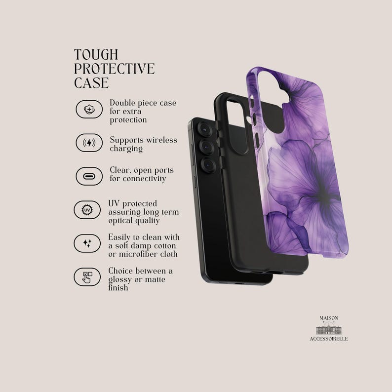 Elegant phone case with abstract violet ink flowers and fine black linework in a soft watercolor bloom effect. Available in iPhone, Samsung Galaxy, and Google Pixel models. Ink flower design, purple watercolor art, floral phone case, artistic accessory, abstract botanical style, delicate gradient pattern.