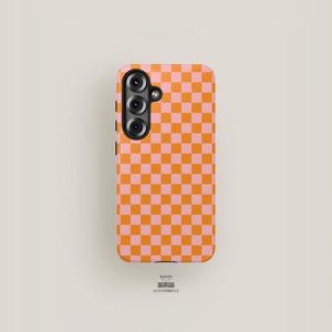 Schachbrett Handyhülle Pink & Orange | Samsung Galaxy S25 Plus Case, S24 Ultra, S23, S22, S21 | Lebhaftes Retro Muster Bunt Niedlich