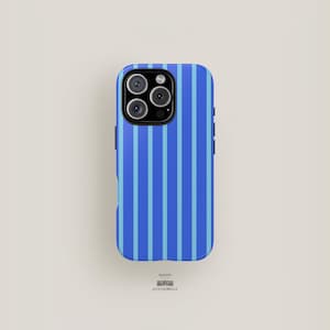 May include: A blue and light blue striped phone case for an iPhone.