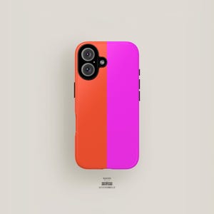 May include: A phone case with a bright orange and pink color scheme. The case has a vertical split down the middle, with the left side being orange and the right side being pink.