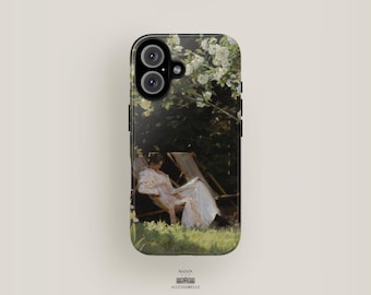 May include: A phone case with a painting of a woman sitting in a chair reading a book in a garden. The painting is in a muted color palette with shades of green, brown, and white.