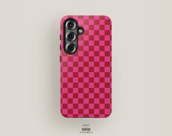 Schackrutigt mobilskal rosa & rött | Samsung Galaxy S25 Plus-skal, Galaxy S24 Ultra, S23, S22, S21 | Färgglatt, livfullt retromönster i fetstil
