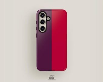 May include: A black phone case with a purple and red design. The case has a raised camera bump with three lenses.