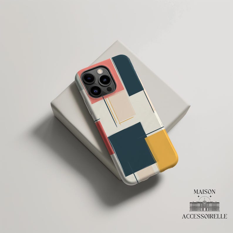 This abstract geometric phone case blends Bauhaus-inspired modern design with a mid-century color block aesthetic. A trendy yet protective cover for iPhone, Samsung & Google Pixel. Modern geometric phone case, Bauhaus abstract phone cover, mid-century iPhone Samsung case, Google Pixel artistic case, minimalist aesthetic phone case, retro color block phone case.