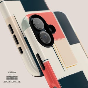 This abstract geometric phone case blends Bauhaus-inspired modern design with a mid-century color block aesthetic. A trendy yet protective cover for iPhone, Samsung & Google Pixel. Modern geometric phone case, Bauhaus abstract phone cover, mid-century iPhone Samsung case, Google Pixel artistic case, minimalist aesthetic phone case, retro color block phone case.