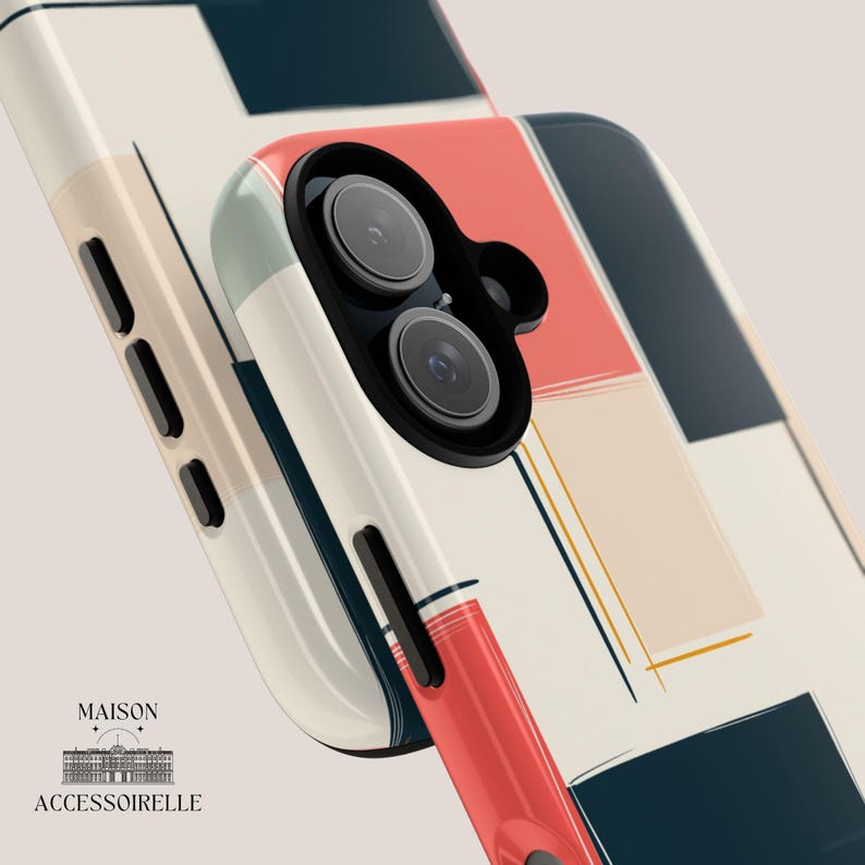 This abstract geometric phone case blends Bauhaus-inspired modern design with a mid-century color block aesthetic. A trendy yet protective cover for iPhone, Samsung & Google Pixel. Modern geometric phone case, Bauhaus abstract phone cover, mid-century iPhone Samsung case, Google Pixel artistic case, minimalist aesthetic phone case, retro color block phone case.