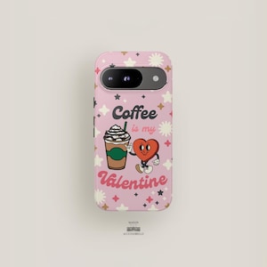 Funda para teléfono rosa con diseño de San Valentín para Pixel 9, Pixel 8 Pro XL, Pixel 7, Pixel 6 y Pixel 5. Diseño retro de dibujos animados con café kawaii.