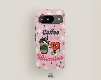 Valentine Cute Phone Case Pink | Pixel 9 Case, Pixel 8 Pro XL Case, Pixel 7 Case, Pixel 6, Pixel 5 | Retro Cartoon Design Kawaii Coffee
