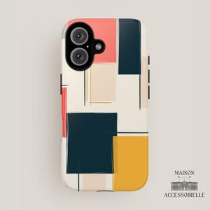 This abstract geometric phone case blends Bauhaus-inspired modern design with a mid-century color block aesthetic. A trendy yet protective cover for iPhone, Samsung & Google Pixel. Modern geometric phone case, Bauhaus abstract phone cover, mid-century iPhone Samsung case, Google Pixel artistic case, minimalist aesthetic phone case, retro color block phone case.