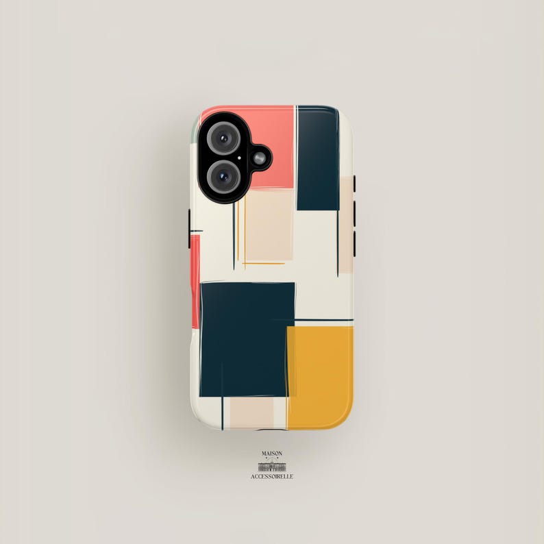 This abstract geometric phone case blends Bauhaus-inspired modern design with a mid-century color block aesthetic. A trendy yet protective cover for iPhone, Samsung & Google Pixel. Modern geometric phone case, Bauhaus abstract phone cover, mid-century iPhone Samsung case, Google Pixel artistic case, minimalist aesthetic phone case, retro color block phone case.
