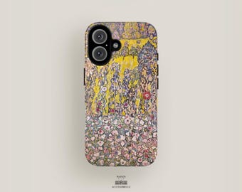 May include: A phone case with a colorful abstract floral design. The case features a yellow background with purple, pink, and blue flowers. The case has a black camera cutout.