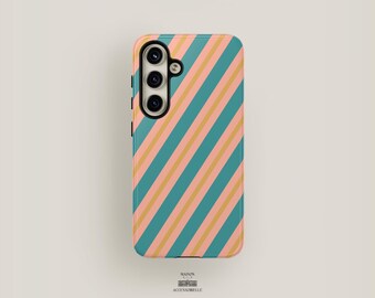 May include: A teal and peach striped phone case with a camera cutout.