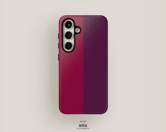May include: A phone case with a two-tone design. The left side is a deep red color and the right side is a dark purple. The case has a camera lens cutout with three camera lenses.