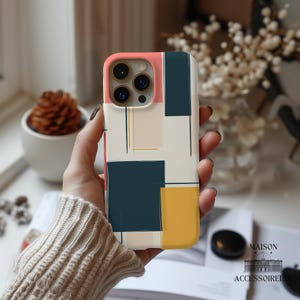 This abstract geometric phone case blends Bauhaus-inspired modern design with a mid-century color block aesthetic. A trendy yet protective cover for iPhone, Samsung & Google Pixel. Modern geometric phone case, Bauhaus abstract phone cover, mid-century iPhone Samsung case, Google Pixel artistic case, minimalist aesthetic phone case, retro color block phone case.