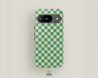 Green Checkerboard Phone Case Retro Check | Google Pixel 9 Case, Pixel 8 Pro XL, Pixel 7, Pixel 6, Pixel 5 | Minimalist Aesthetic Design