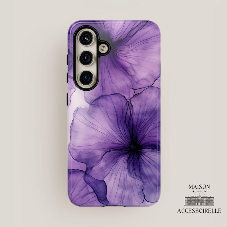 Elegant phone case with abstract violet ink flowers and fine black linework in a soft watercolor bloom effect. Available in iPhone, Samsung Galaxy, and Google Pixel models. Ink flower design, purple watercolor art, floral phone case, artistic accessory, abstract botanical style, delicate gradient pattern.