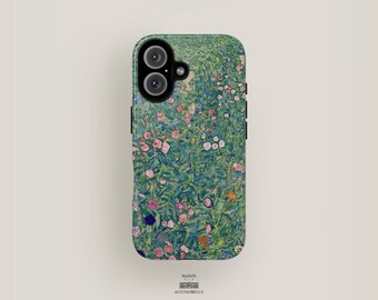 May include: A phone case with a floral design. The case features a painting of a field of flowers in shades of green, pink, and white. The case is compatible with iPhone models.