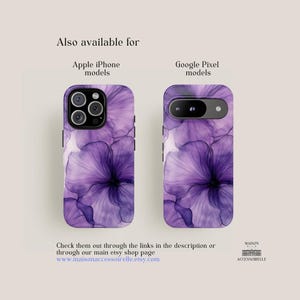 Elegant phone case with abstract violet ink flowers and fine black linework in a soft watercolor bloom effect. Available in iPhone, Samsung Galaxy, and Google Pixel models. Ink flower design, purple watercolor art, floral phone case, artistic accessory, abstract botanical style, delicate gradient pattern.