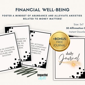 Tarjetas de afirmación de bienestar financiero: paquete de 50 tarjetas, imprimibles 5x7, PDF de descarga instantánea, BONIFICACIÓN: Diario gratuito, Éxito financiero