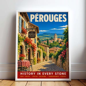 Op de afbeelding: Een ingelijste reisposter van Pérouges met een stenen dorpsstraat met rode bloemen, een rood-wit geblokte tafel en een blauwe lucht. De tekst luidt PÉROUGES, A MEDIEVAL VILLAGE, en HISTORY IN EVERY STONE, DAY TRIPS, LOCAL CUISINE, PANORAMIC VIEWS.