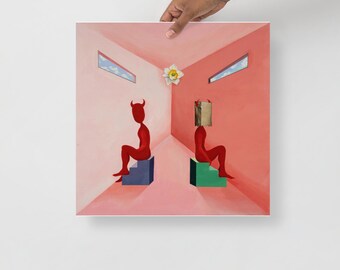May include: Two figures sit facing each other in a pink room. One figure is red with horns and the other is wearing a brown paper bag over their head. Both figures are sitting on small, colorful blocks.