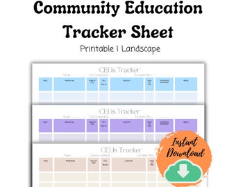 Könnte beinhalten: Druckbare Community Education Tracker-Tabelle mit drei verschiedenen Farbschemata: hellblau, lila und beige. Jedes Blatt hat Spalten für Datum, Workshop, Art des CEU, CEU-Punkte, Ort, Lizenznummer, erhaltene CEUs, erhaltenes Zertifikat und Notizen.