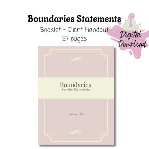 Puede incluir: Una portada de folleto de color rosa y crema con el título "Boundaries: Boundary Statements" y el texto "Resilient Us". La portada tiene un borde decorativo y un diseño de espiral.