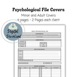 Puede incluir: Una plantilla de portada de archivo psicológico imprimible para adultos. La plantilla incluye secciones para los detalles del cliente, los detalles del siguiente de kin y un registro de las sesiones. El texto "CONFIDENCIAL" está impreso en negrita en la parte superior de la página.