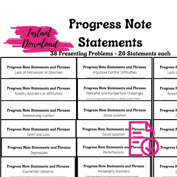 Therapy Progress Note Statements, Presenting Problems , Therapy Progress Notes, Psychotherapy Notes, Progress Note Template, Therapy Notes