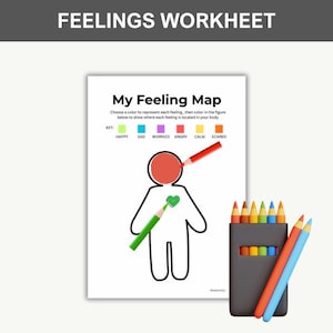Puede incluir: Una hoja de trabajo titulada "My Feeling Map" con instrucciones para colorear una figura que representa sentimientos. Una clave muestra los colores para feliz, triste, preocupado, enojado, tranquilo y asustado. Lápices de colores están al lado de la hoja de trabajo.