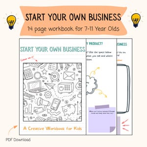 Może przedstawiać: Czarno-biała ilustracja książki ćwiczeń dla dzieci o tym, jak założyć własną firmę. Okładka przedstawia różne ikony związane z biznesem, takie jak kalkulator, laptop, skarbonka i megafon. Tekst "Start Your Own Business" jest napisany dużymi, pogrubionymi literami u góry strony. Tekst "A Creative Workbook for Kids" jest napisany mniejszymi literami u dołu strony.