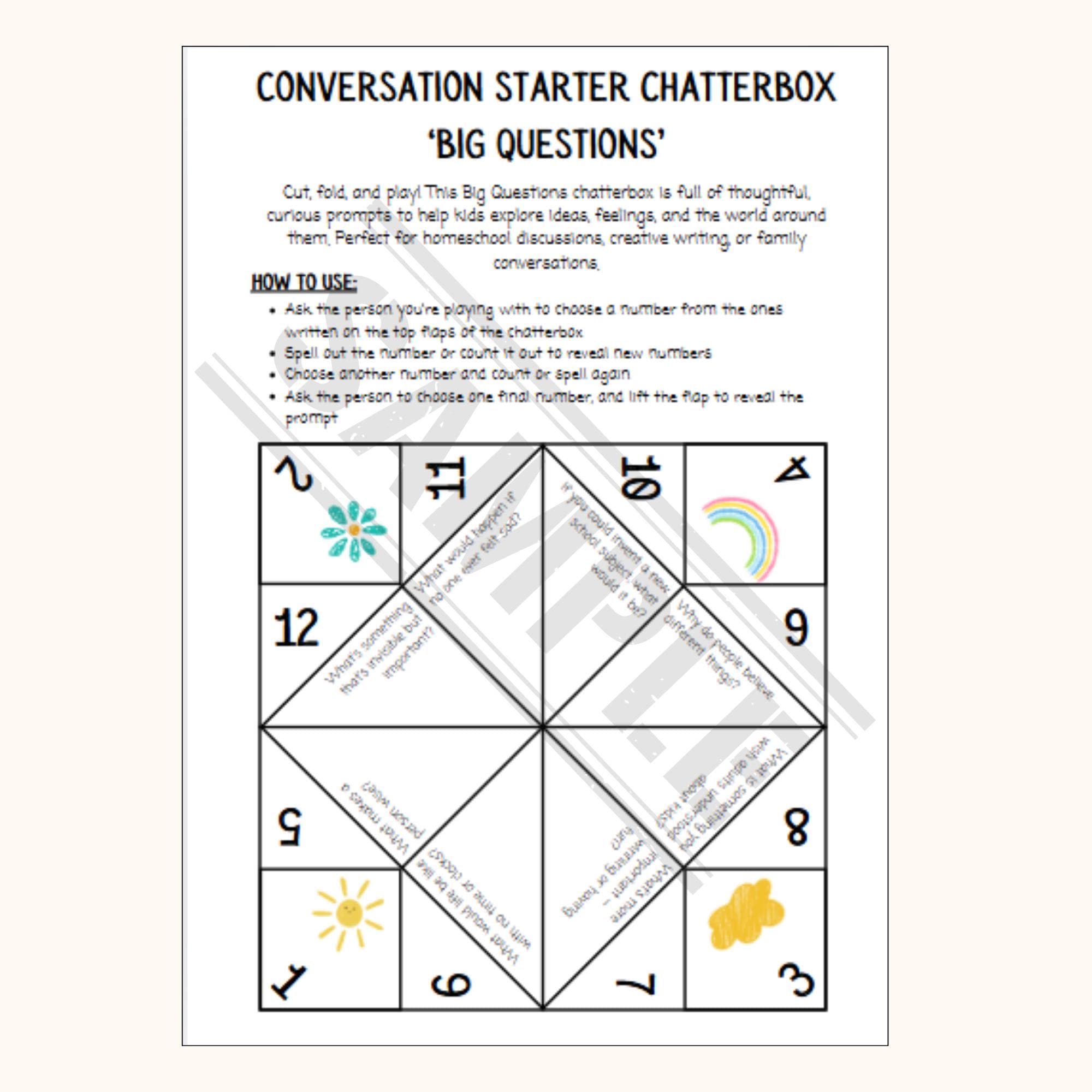Big Questions Chatterbox for Kids | Printable Paper Fortune Teller Game ...