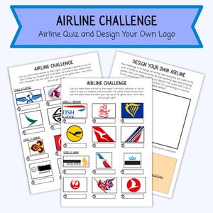 Op de afbeelding: Gedrukte werkbladen voor een "Airline Challenge" quiz en ontwerpactiviteit. De vellen bevatten logo's van luchtvaartmaatschappijen en vragen om ze te identificeren, plus een sectie om een nieuw logo voor een luchtvaartmaatschappij te ontwerpen.