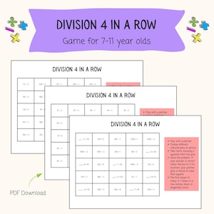 Puede incluir: Un tablero de juego imprimible para que los niños practiquen la división. El juego se llama "Division 4 in a Row" y está diseñado para niños de 7 a 11 años. El tablero de juego tiene una cuadrícula de cuadrados con problemas de división en cada cuadrado. Los jugadores se turnan para resolver los problemas y colorear los cuadrados. El primer jugador en obtener cuatro cuadrados en una fila, columna o diagonal gana.