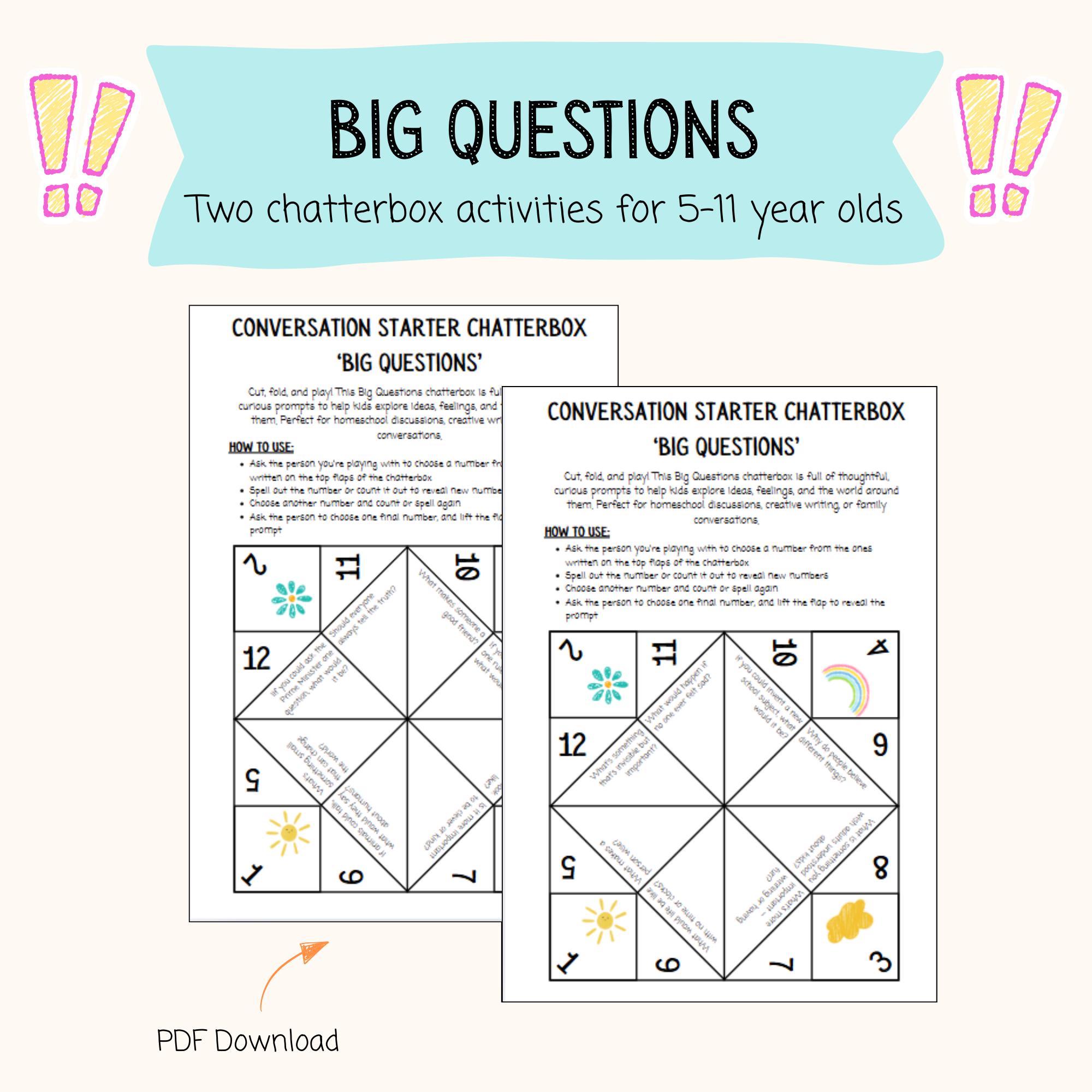 Big Questions Chatterbox for Kids | Printable Paper Fortune Teller Game ...