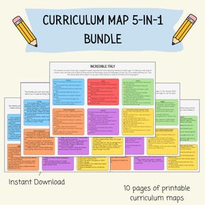 Puede incluir: Un conjunto de mapas curriculares imprimibles con el texto "CURRICULUM MAP 5-IN-1 BUNDLE" e "INCREDIBLE ITALY". Los mapas coloridos están diseñados para la educación en casa. Incluye el texto "Instant Download" y "10 páginas de mapas curriculares imprimibles".