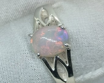 Natural Opal Wedding Ring: Sterling Silver Solitaire, October Birthstone