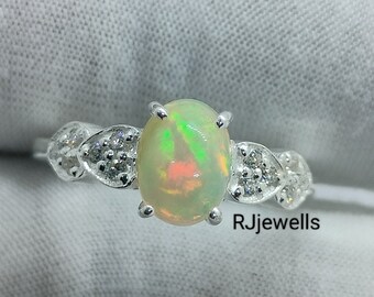 Handmade Oval Opal Ring: 925 Sterling Silver, October Birthstone
