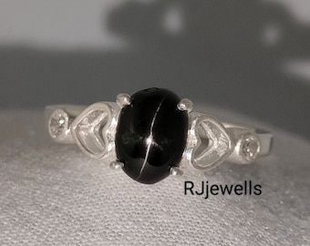 Black Star Diopside Ring: Sterling Silver Signet with CZ Diamonds