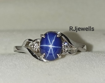 14K White Gold Blue Star Ring, Vintage Blue Lindy Star Sapphire Ring, Lab Create Gemstone, 925 Silver Ring For Mom's , Mother's Day Ring