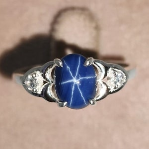 Vintage Blue 6 Star Sapphire Ring, Lindy Star Sapphire Ring, 925 Sterling Silver, Handmade Ring For Wife, Valentine Gift, Ring For Grandma