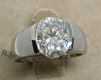 4Ct Oval Moissanite Men's Engagement Ring, Solid 925 Silver Diamond Men's Ring, Half Bezel Set Men's Stackable Ring, Christmas Day Ring