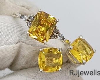 Emerald Cut Citrine Ring & Cushion Stud Earrings: 925 Sterling Silver Set