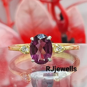 14K Yellow Gold Rhodolite Ring: Natural Pink Garnet, CZ Diamonds