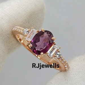 Rhodolite Garnet Ring in 14K Rose Gold, CZ Baguette Pave Setting Ring, Perfect Christmas Gift, Natural Rhodolite Garnet Jewelry, Birthstone