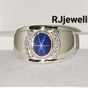 Blue Star Sapphire Men's Ring, Men's 925 Silver Solid Ring, 6Rays Lindy Star Oval Cabochon Ring, Father's Day Gift, Engagement Ring For Mens