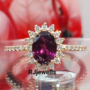 10K Rose Gold Pink Rhodolite Ring, CZ Cluster Natural Rhodolite Garnet Ring, 14K Rose Gold Rhodolite Ring, 1st Anniversary Ring For Wife