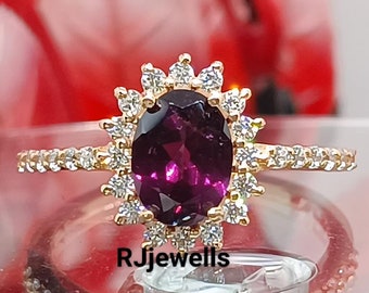 10K Rose Gold Natürlicher Rhodolith Granat Ring, Hallo CZ Cluster Jahrestag Ring, Verlobungsring, Statement Ring, Ehering, Vorschlag Ring